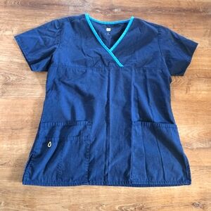 WonderWink Women's Small Scrub Top in Navy Blue with Teal Trim